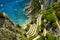 Aerial view of Via Krupp leading to the blue sea, Capri, Italy