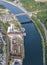 Aerial View : viaduct over a river near a shipyard