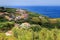 An aerial view of the vibrant lush shoreline of Sao Miguel, Portugal