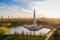 Aerial view of Victory monument of soviet army on sunny spring morning, Riga, Latvia.