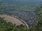 Aerial view of village Bremm, Germany, located on Moselle river, with high water level and flooded promenade.