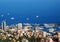 Aerial view from village La Turbie to Principality Monaco, Monte-Carlo, port Hercule, Prince Palace, Mountains, yachts, boats