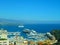 Aerial view from village La Turbie to Principality Monaco, Monte-Carlo, port Hercule, Prince Palace, Mountains, yachts, boats, sky