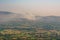 Aerial view of village landscape on smog day