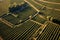 aerial view of vineyard rows forming geometric patterns