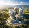 Aerial view of visionary design modern skyscraper in middle of green nature created using generative AI