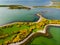 Aerial view of vivid emerald-green waters and islands near Westport town along the Wild Atlantic Way, County Mayo, Ireland