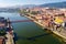 Aerial view of Vizcaya bridge over the river, cityscape at Portugalete