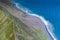 Aerial view of volcanic crater Caldeirao with a beautiful lake on the top of Corvo island. Azores islands, Portugal