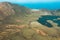 Aerial view of volcanic crater Caldeirao with a beautiful lake on the top of Corvo island. Azores islands, Portugal
