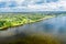 Aerial view of the Volga river and the city of Tutaev