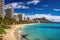 Aerial view of Waikiki Beach, Honolulu, Oahu, Hawaii, Waikiki Beach and Diamond Head Crater including the hotels and buildings in