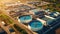 Aerial view of the wastewater treatment plant. Pumping station and drinking water supply. Industrial and urban water treatment for