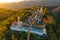 Aerial view of Wat Phrathat Doi Kham, Buddha pagoda and golden chedi in Chiang Mai, Thailand