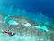 Aerial view of water chalet in Egang Egang near Bum Bum Island during sunrise