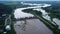 Aerial view of the water released from the concrete dam\\\'s drainage channel as the overflow in the rainy season.