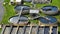 Aerial view of water treatment factory at city wastewater cleaning facility. Purification process of removing