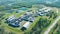 Aerial view of water treatment factory at city wastewater cleaning facility. Purification process of removing