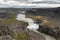 Aerial view of the waterfall Hafragilsfoss and the surrounding canyon Jokulsargljufur seen from the east bank of river Jokulsa a