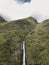 Aerial view of a waterfall in the Peruvian Andes.
