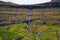 Aerial view of waterfalls in the village of Saksun on the Faroe islands