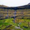 Aerial view of waterfalls in the village of Saksun on the Faroe islands