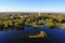 The aerial view of the waterfront residential area by Oneida Lake with stunning fall foliage near Syracuse, New York, U.S.A