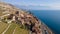 Aerial view of the waterfront Saint-Saphorin village with rural buildings in Lavaux, Switzerland