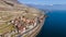 Aerial view of the waterfront Saint-Saphorin village with rural buildings in Lavaux, Switzerland