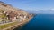 Aerial view of the waterfront Saint-Saphorin village with rural buildings in Lavaux, Switzerland