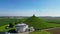 Aerial view at the Waterloo Hill with the statue of the lion of Memorial Battle of Waterloo, Belgium. Aerial landscape