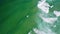 Aerial view of waves of emerald green ocean rolling towards the shore. Unrecognized surfer trying to cash perfect wave