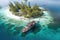 aerial view of a weathered pirate ship anchored near a deserted island