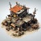 Aerial View Of Weathered Shack In Stainswashes Style - 3d Village Model