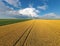 Aerial view wheat, corn and sunflower fields, stormy clouds and rainbow in the sky