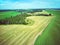 Aerial view wheat field with straw bales, road and forest