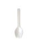 Aerial view of white bio recycled plastic spoon-fork in vertical position isolated on white background. Takeaway cutlery.Original