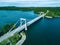 Aerial view of white cable-stayed bridge in Finland. Beautiful summer landscape