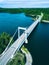 Aerial view of white cable-stayed bridge in Finland. Beautiful summer landscape