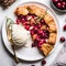 An aerial view of a white plate with vanilla ice cream and cherry pie on it. Pumpkin as a dish of thanksgiving for the harvest