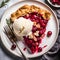 An aerial view of a white plate with vanilla ice cream and cherry pie on it. Pumpkin as a dish of thanksgiving for the harvest