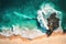 Aerial view of white sand beach coastline with teal blue ocean. Generative AI