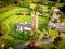 Aerial view of Widecombe in the Moor, a village and large civil parish on Dartmoor National Park in Devon, England