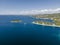 Aerial view of wild coastline with scattered islands facing the Mediterranean Sea near Primosten in Sibenik region, Croatia