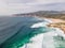 Aerial view of wild Portuguese coastline near Guincho beach and Cabo da Roca landmark, view of Atlantic Ocean rough sea crashing