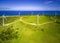 Aerial view of a wind farm and ocean in Australia.