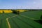 Aerial view Wind turbine on grassy yellow farm canola field against cloudy blue sky in rural area. Offshore windmill