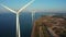 Aerial view of the wind turbines. Green ecological power energy generation.