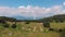 Aerial view of wind turbines in mountain, natural sources of energy, environmental safety, danger to birds. Passo Di Cento, Taglie