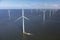 Aerial view of wind turbines at sea, North Holland